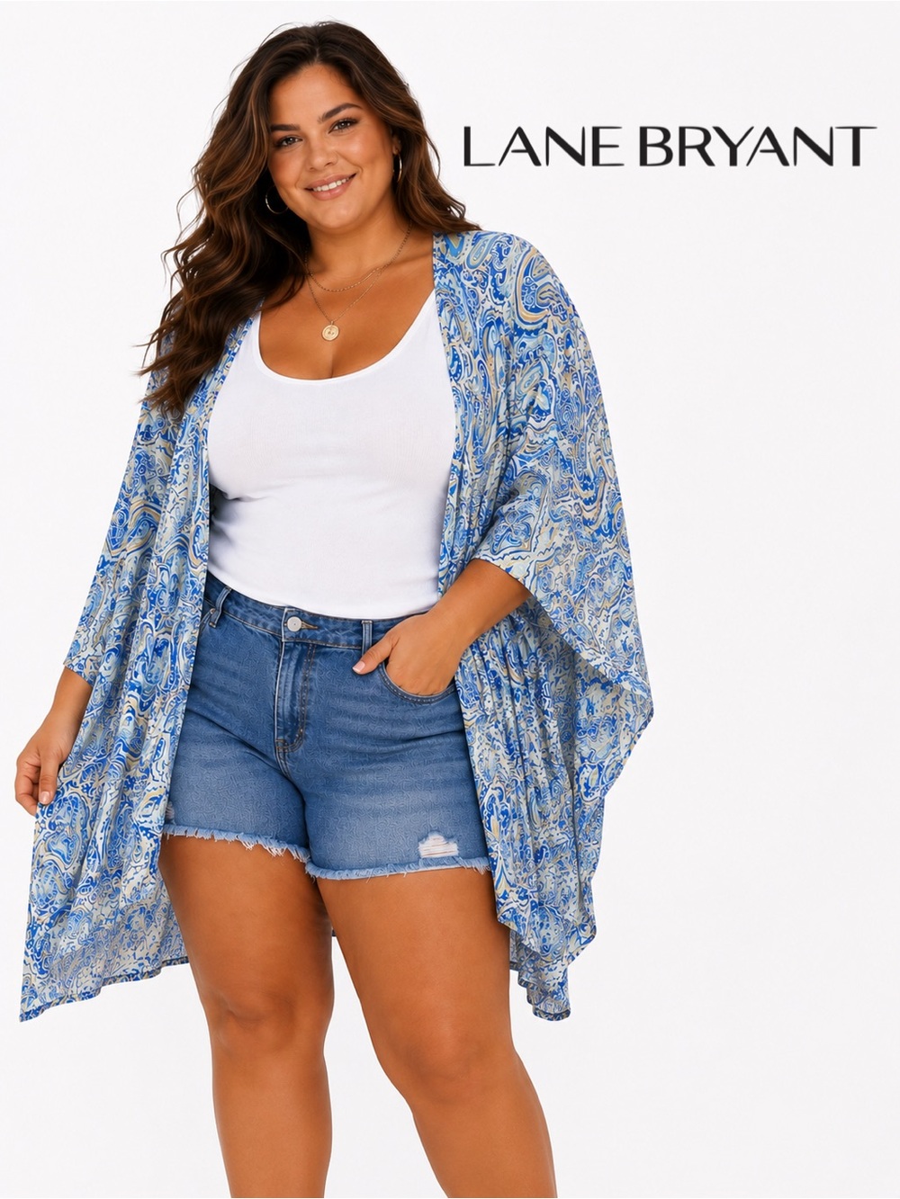 LANE BRYANT Blue Paisley Sheer Chiffon Kimono Cover-Up, MSRP $46.95